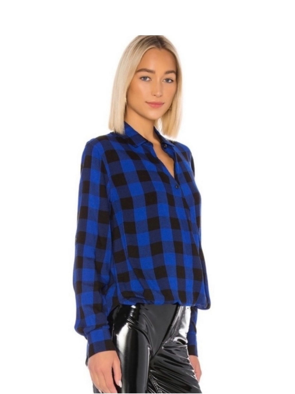 NWOT Rag and Bone Camille Buffalo Check Black & Blue High & Low Blouson Shirt M